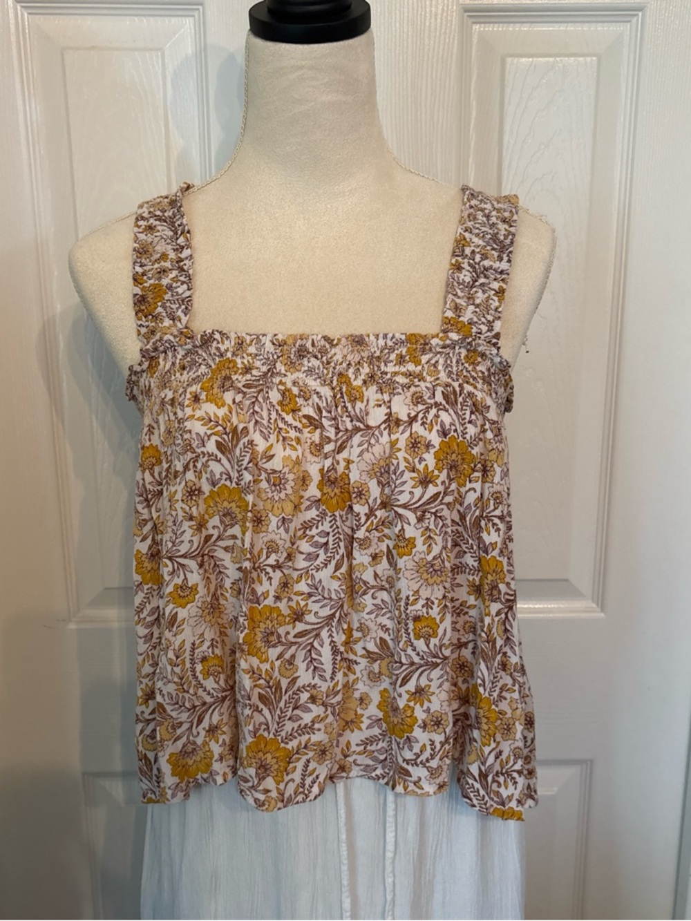 Patrons of Peace White Floral Smocked Square-Neck Tank with Mustard Print - Picture 1 of 7